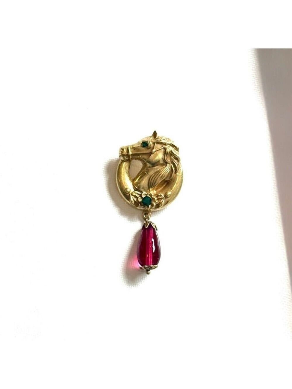 NEIMAN MARCUS | Vintage-Style Lion Head Brooch | Gold Tone Red Teardrop Charm